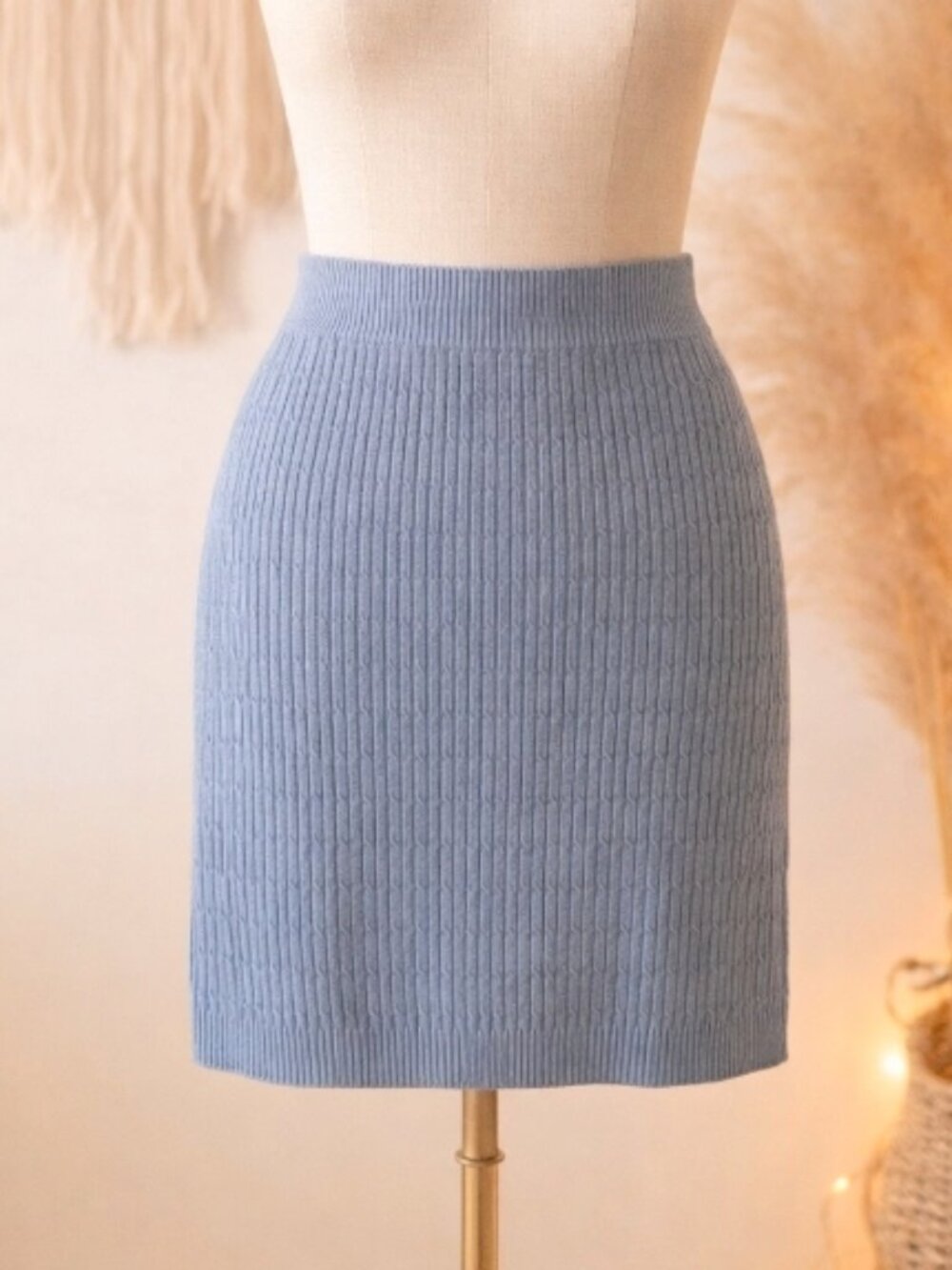 Ribbed Knit Blue Pencil Skirt XL Quiet Luxury Capsule Essential Soft Minimalist